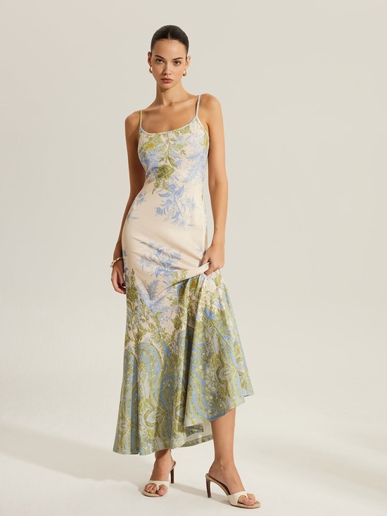 Commense Dresses & Skirts - Commense Cream Slip Maxi Dress with Blue and Green Floral Print